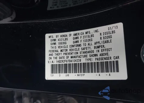 2013 Honda Accord Ex-L z USA, uszkodzony, nr VIN 1HGCR2F87DA104238